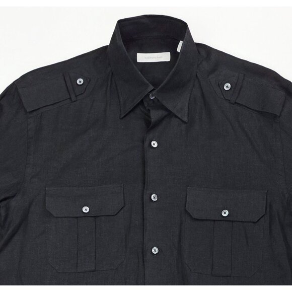 Ermenegildo Zegna Size Medium Mens Black Linen Shoulder Strap Button Down Shirt - Picture 10 of 10